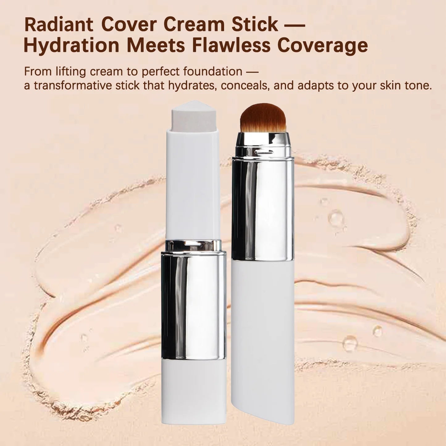 Dual-ended color changing cover cream stick with built-in brush and white cream over a hydrating foundation swatch.