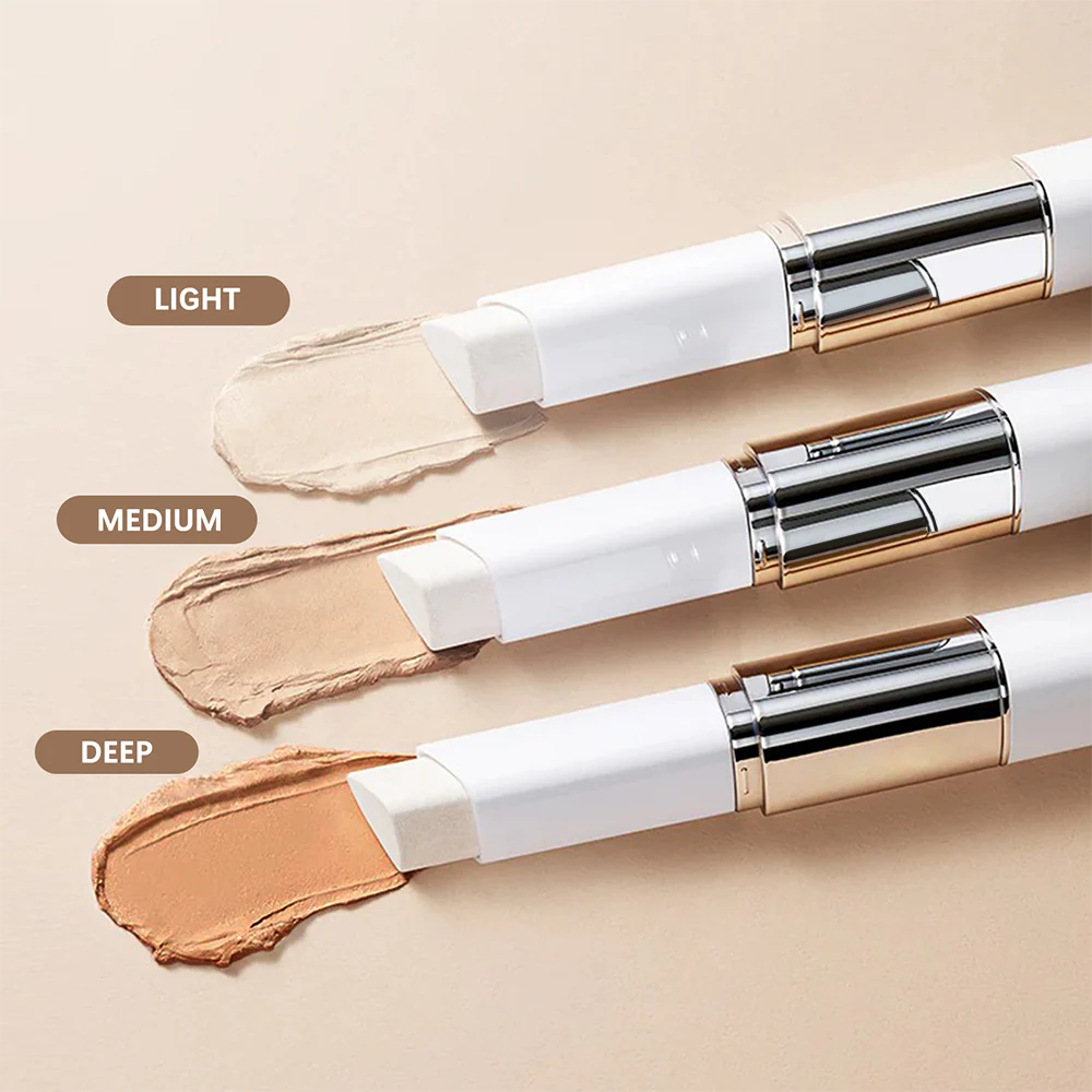 Color changing foundation sticks shown in light, medium, and deep swatches for skin-adapting coverage.