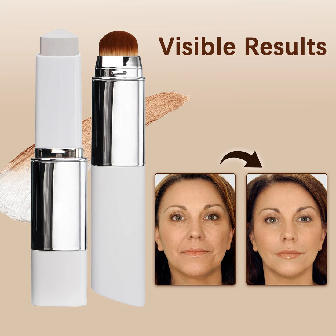 Color changing cover cream stick with built-in brush and before-and-after photos showing skin tone matching results.