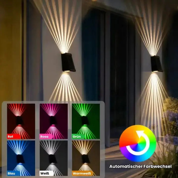 Solar Outdoor Wall Light with RGB & Warm White – Wireless & Automatic
