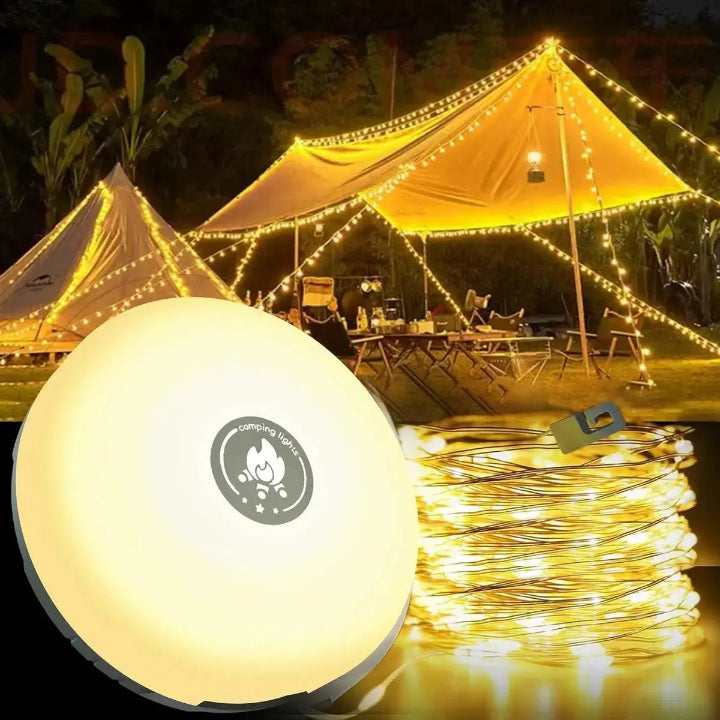 Camping lantern with 10m RGB string lights – ambiance & safety for every outing