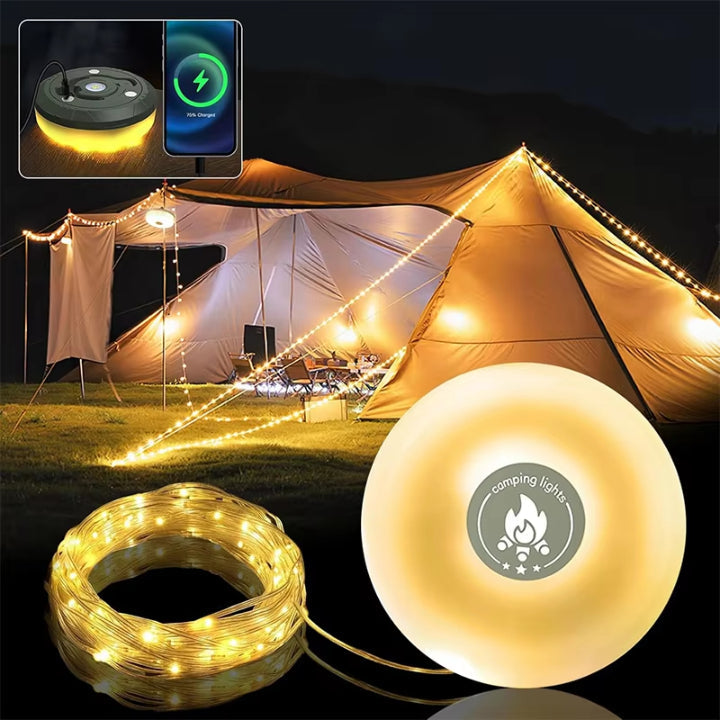 Camping lantern with 10m RGB string lights – ambiance & safety for every outing
